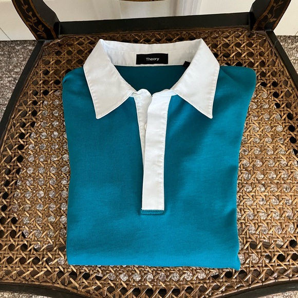 Theory Men’s Rugby Polo-Rope Collared Cotton Short Sleeve Jersey Turquoise Sz Sm - Picture 3 of 4